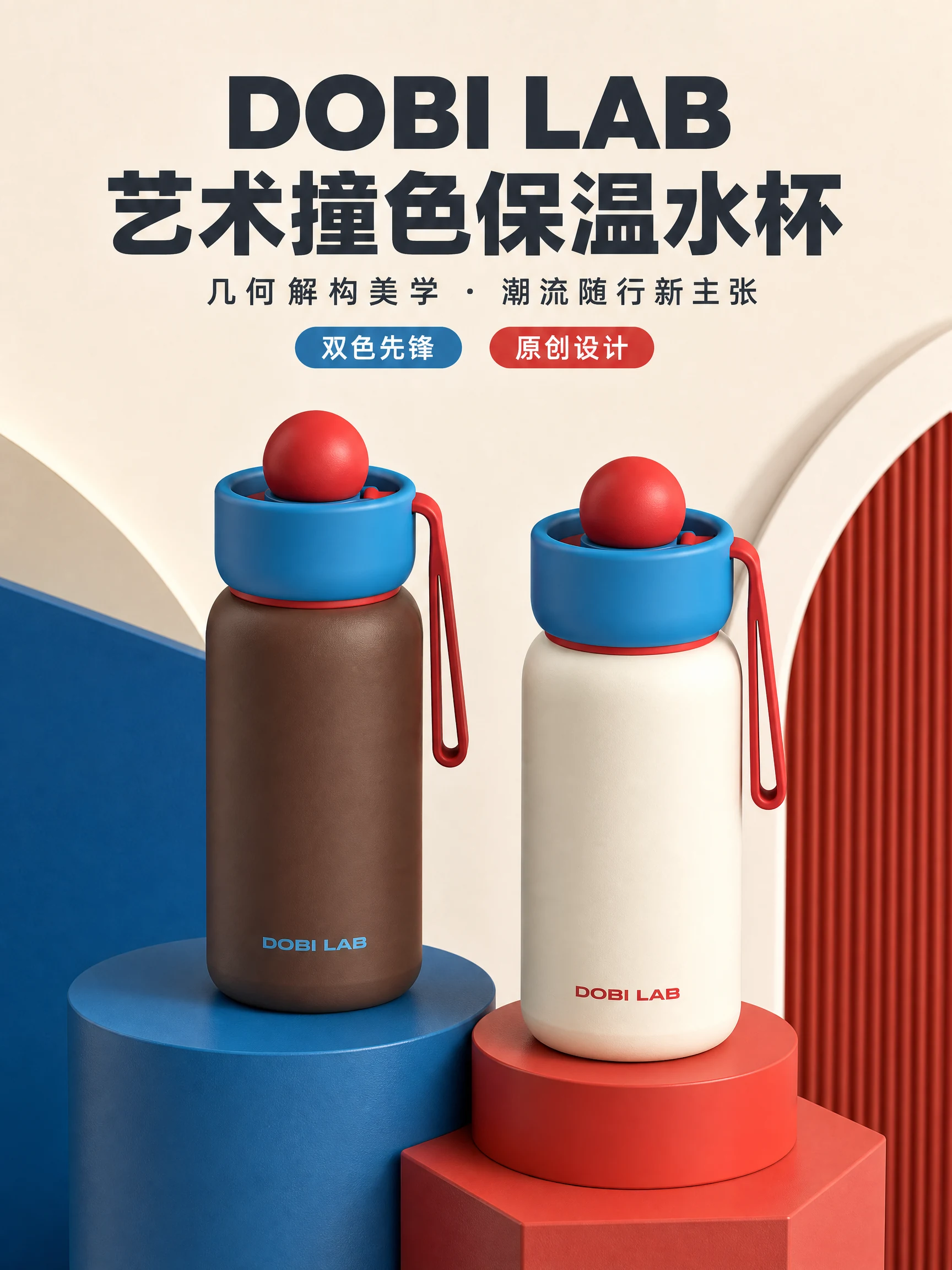 网站原案例：红蓝展台上的棕白两只保温杯